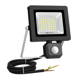 A black and silver 30W Nano Evo Sensor IP65 floodlight with a motion sensor, mounted on a metal bracket, and connected by a cable.