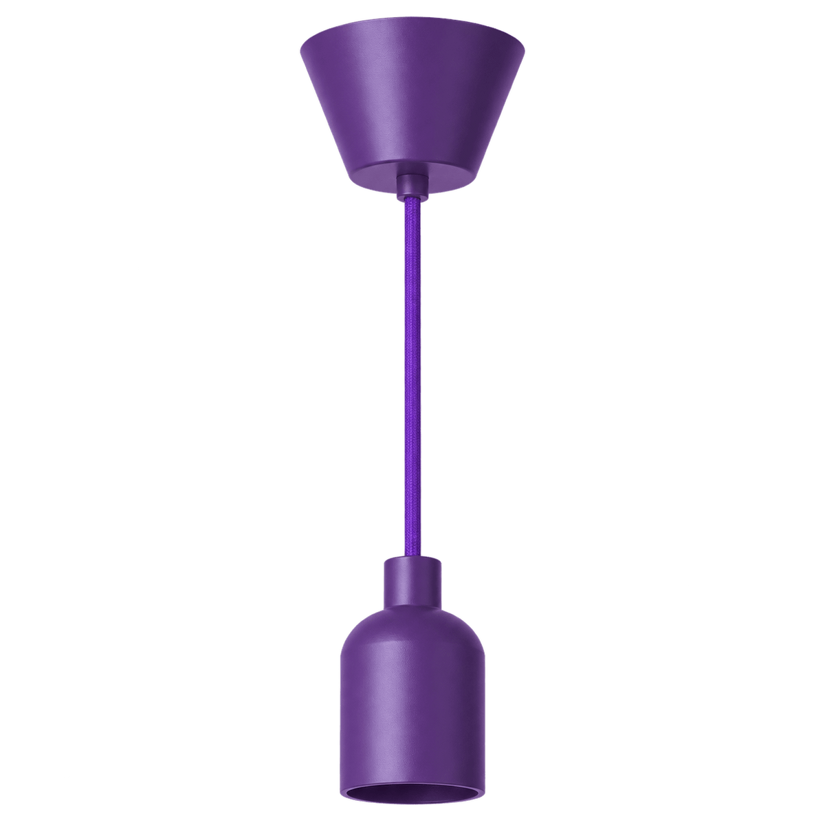 Purple pendant ceiling rose kit featuring a conical lamp cup and cylindrical base, suspended by a matching cord.
