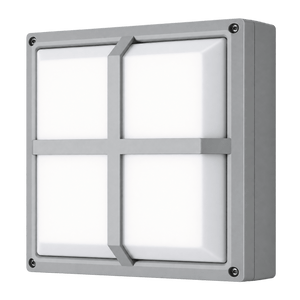 Square LED bulkhead light with a gray metal frame and white diffuser, featuring a grid pattern.