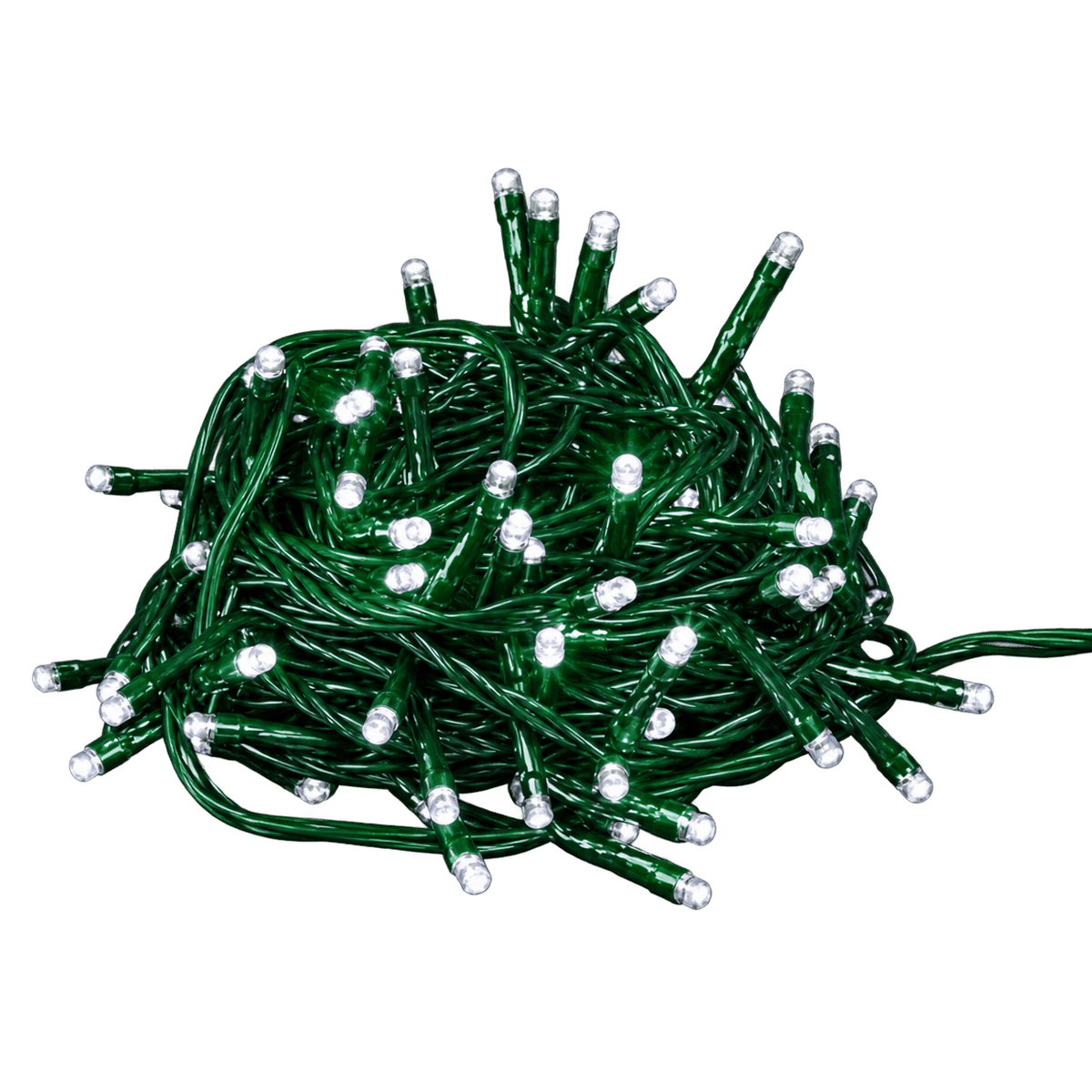 A tangled bundle of LED fairy lights with a green cable and multiple small, white bulbs.