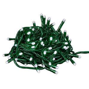 A tangled bundle of LED fairy lights with a green cable and multiple small, white bulbs.