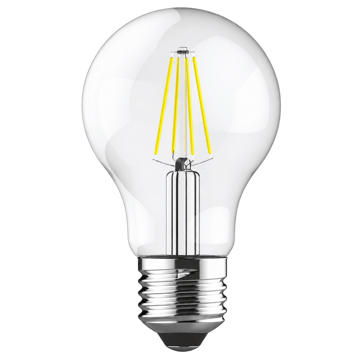 A clear glass LED bulb with a chrome base and yellow filament, showcasing a classic A60 shape.