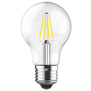 A clear glass LED bulb with a chrome base and yellow filament, showcasing a classic A60 shape.