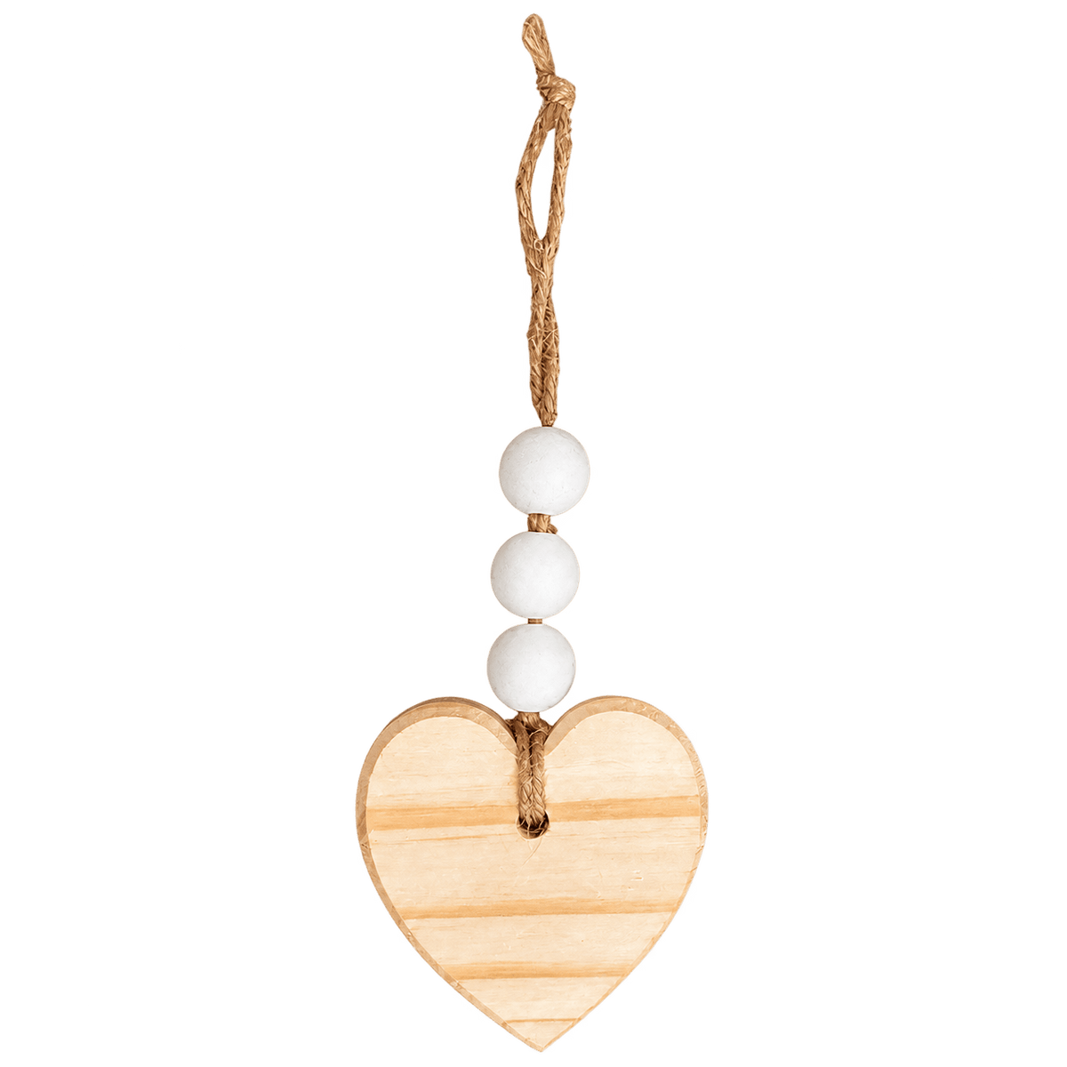 A plain wooden heart ornament with a natural finish, hanging from a jute twine, adorned with three white beads.