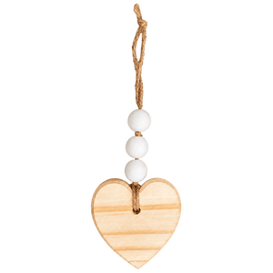 A plain wooden heart ornament with a natural finish, hanging from a jute twine, adorned with three white beads.
