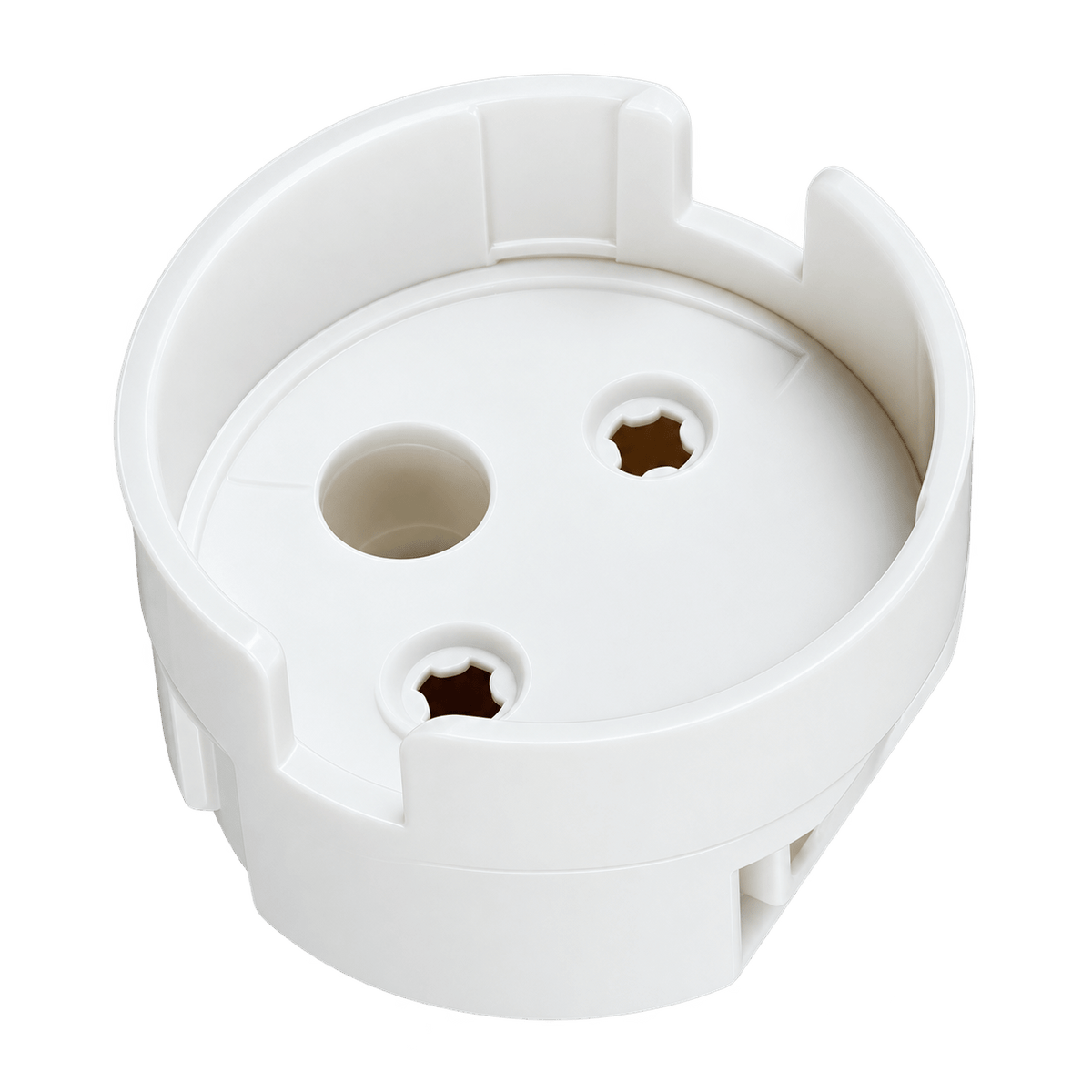 White plastic LED T8 tube end cap connector with two circular openings and a smooth finish.