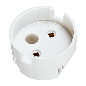 White plastic LED T8 tube end cap connector with two circular openings and a smooth finish.