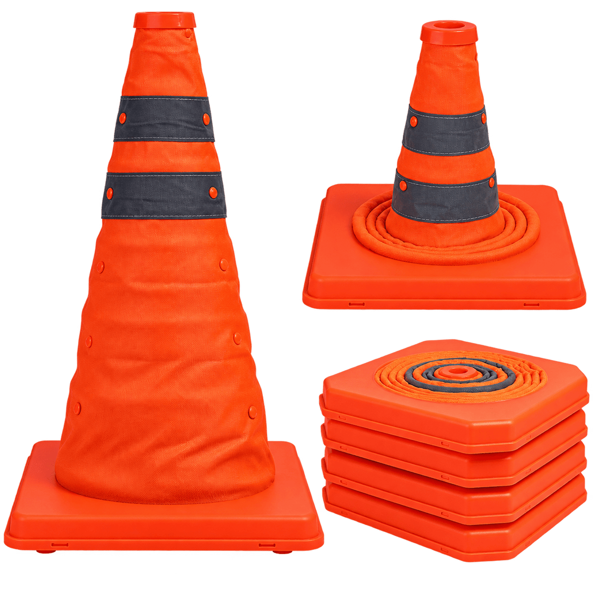 An orange traffic cone with black stripes, alongside a stack of orange bases and a coiled cone.