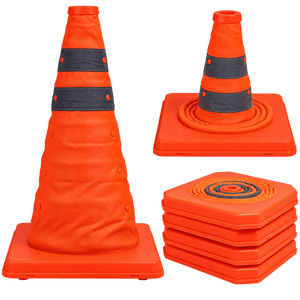 An orange traffic cone with black stripes, alongside a stack of orange bases and a coiled cone.