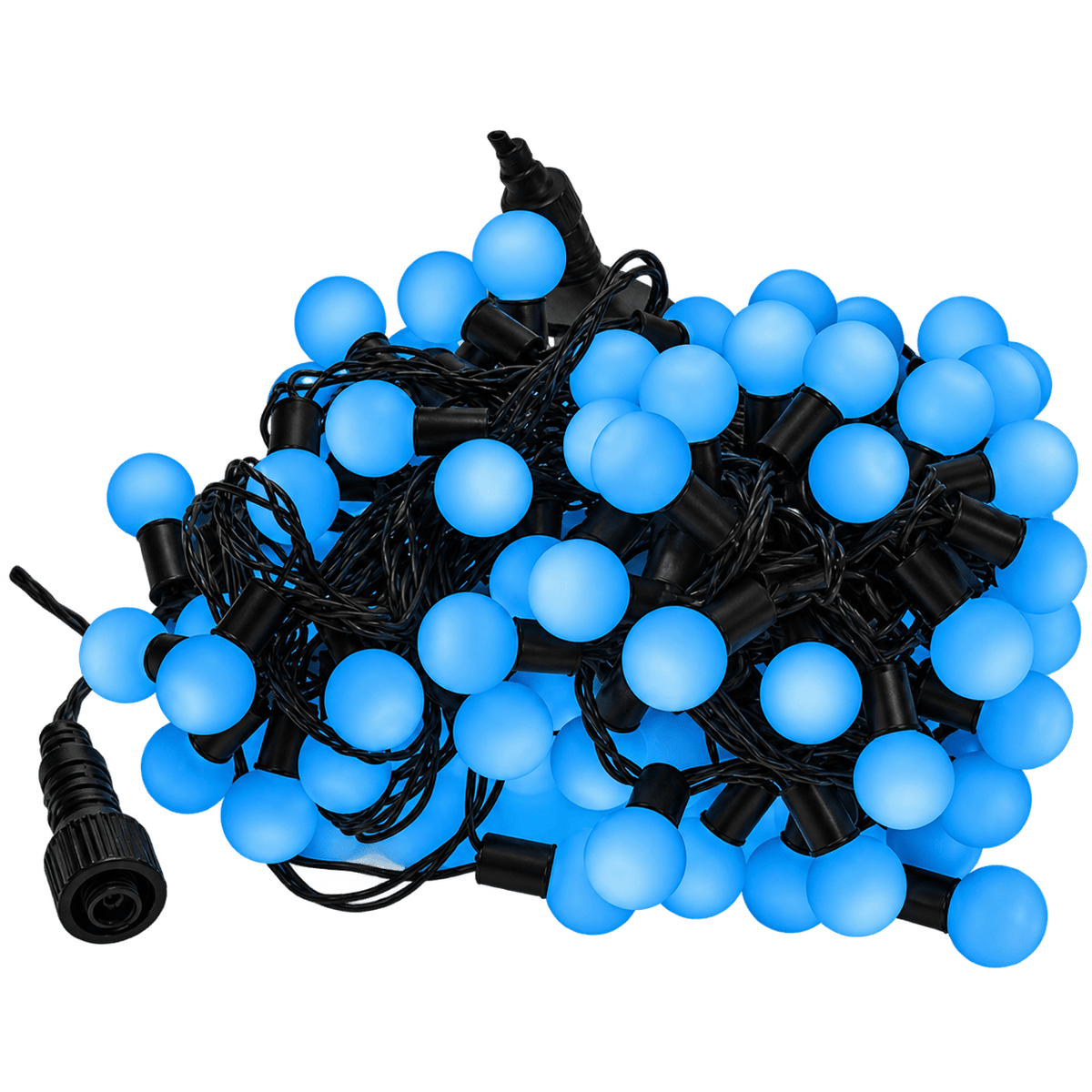 A tangled arrangement of blue LED ball string lights on a black wire, featuring round, frosted bulbs.
