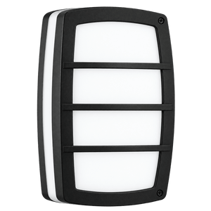 A rectangular LED wall light with a black frame and three horizontal white lines on a frosted panel.