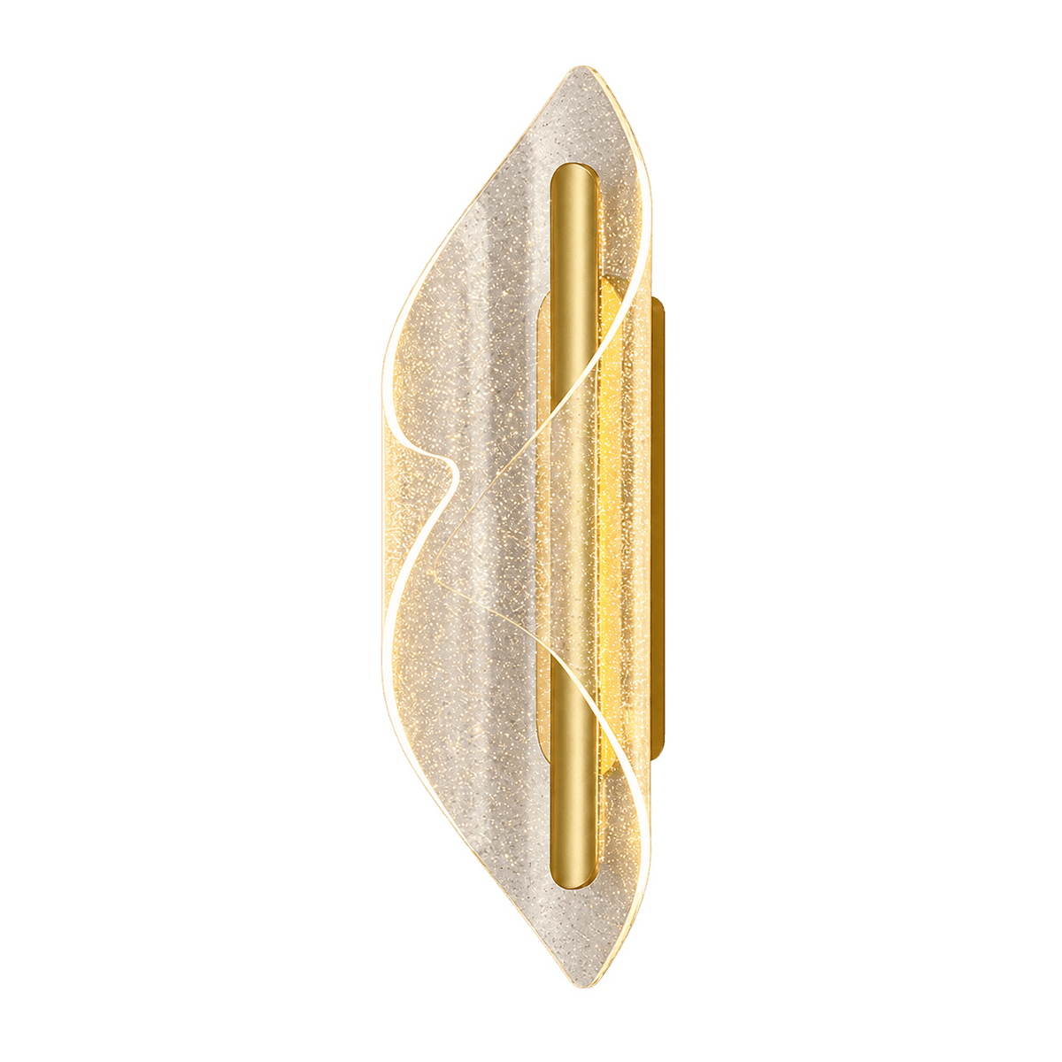 Gold‑finished acrylic wall sconce with leaf‑shaped diffuser and central LED tube