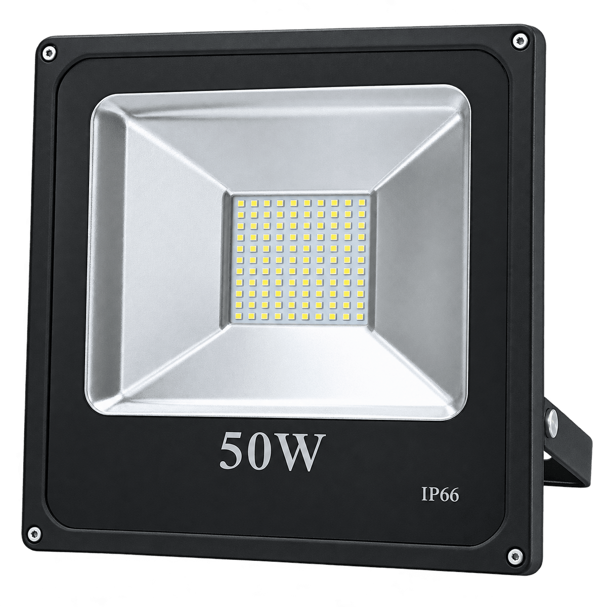 A 50W green LED flood light with a silver reflector and black housing, featuring a sturdy mounting bracket.