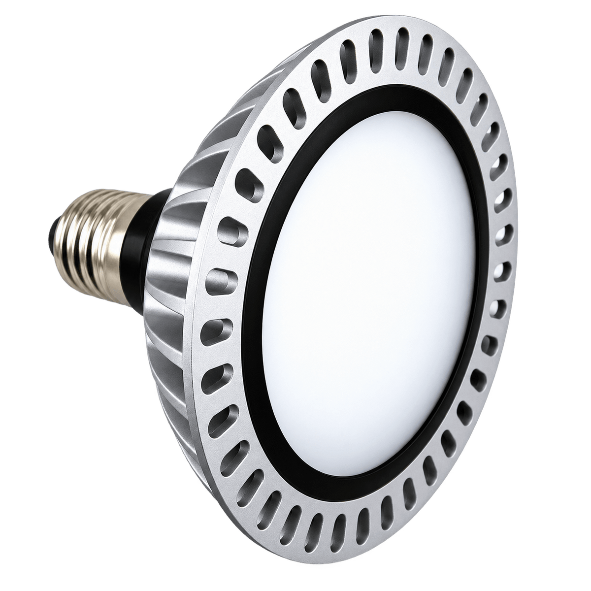 LED PAR56 bulb with a silver metallic finish, black trim, and a white circular light surface.