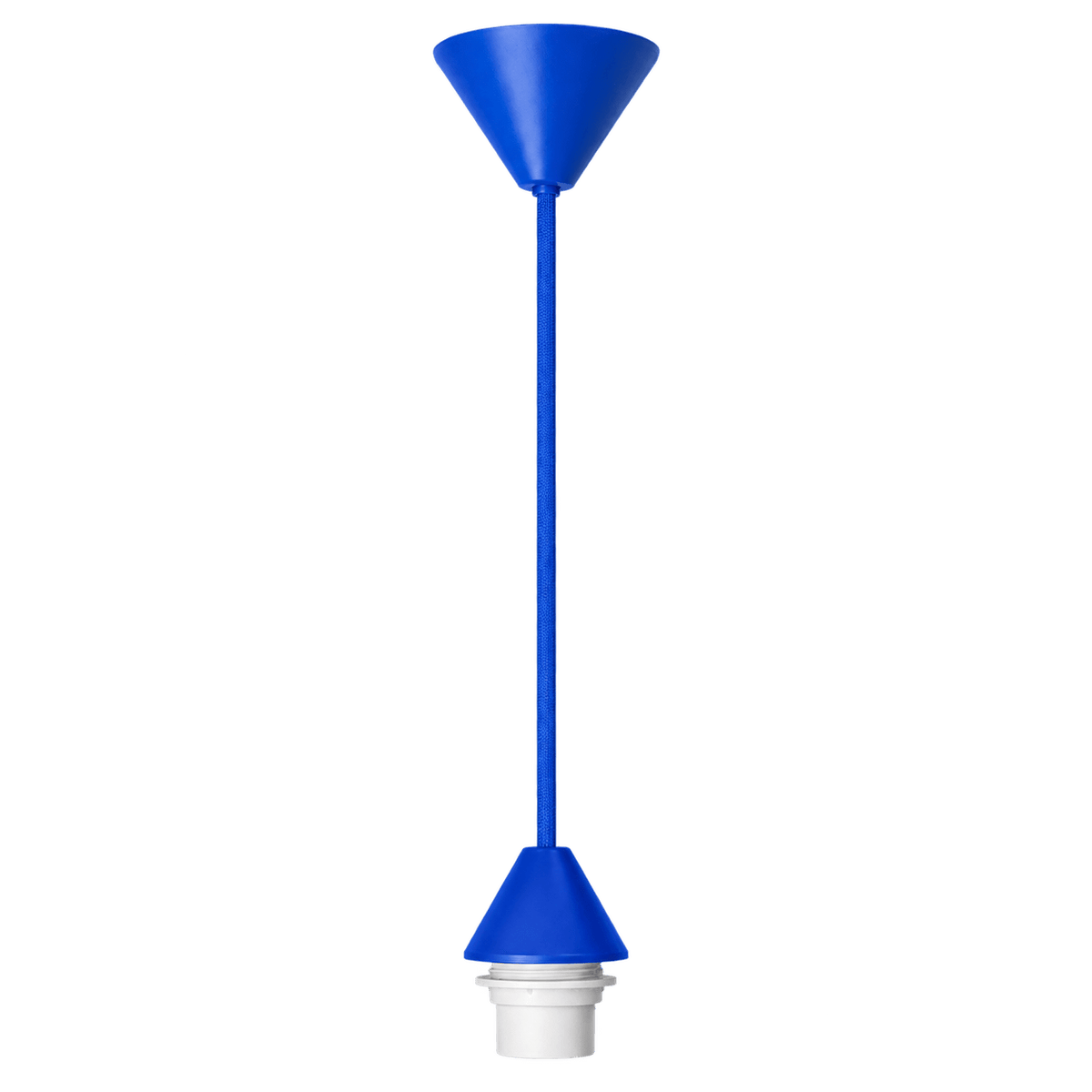Blue conical ceiling rose with a long cord and white lamp holder at the bottom, set against a plain background.