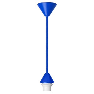 Blue conical ceiling rose with a long cord and white lamp holder at the bottom, set against a plain background.