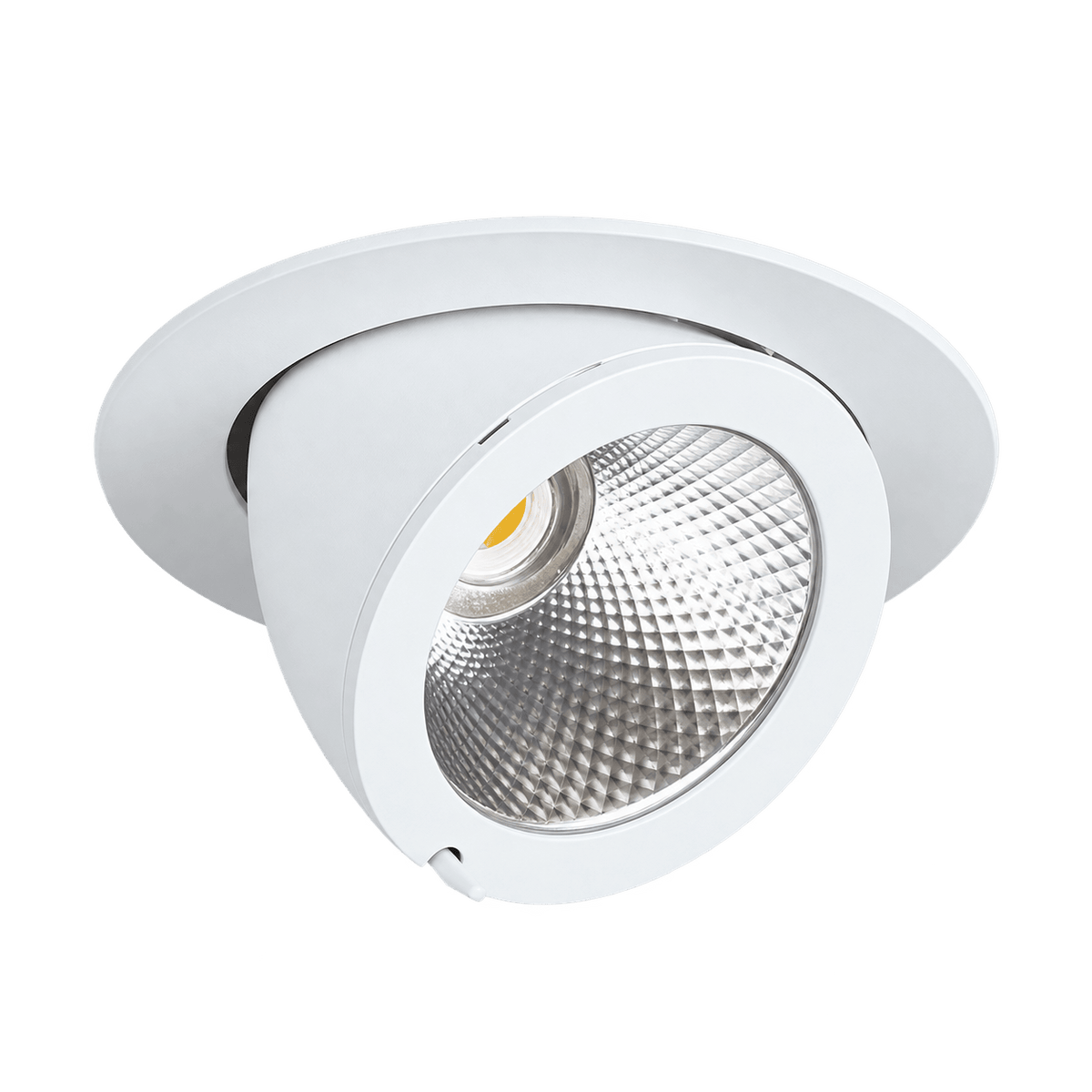 White LED downlight with a tilted design, featuring a textured reflective interior and a smooth outer finish.