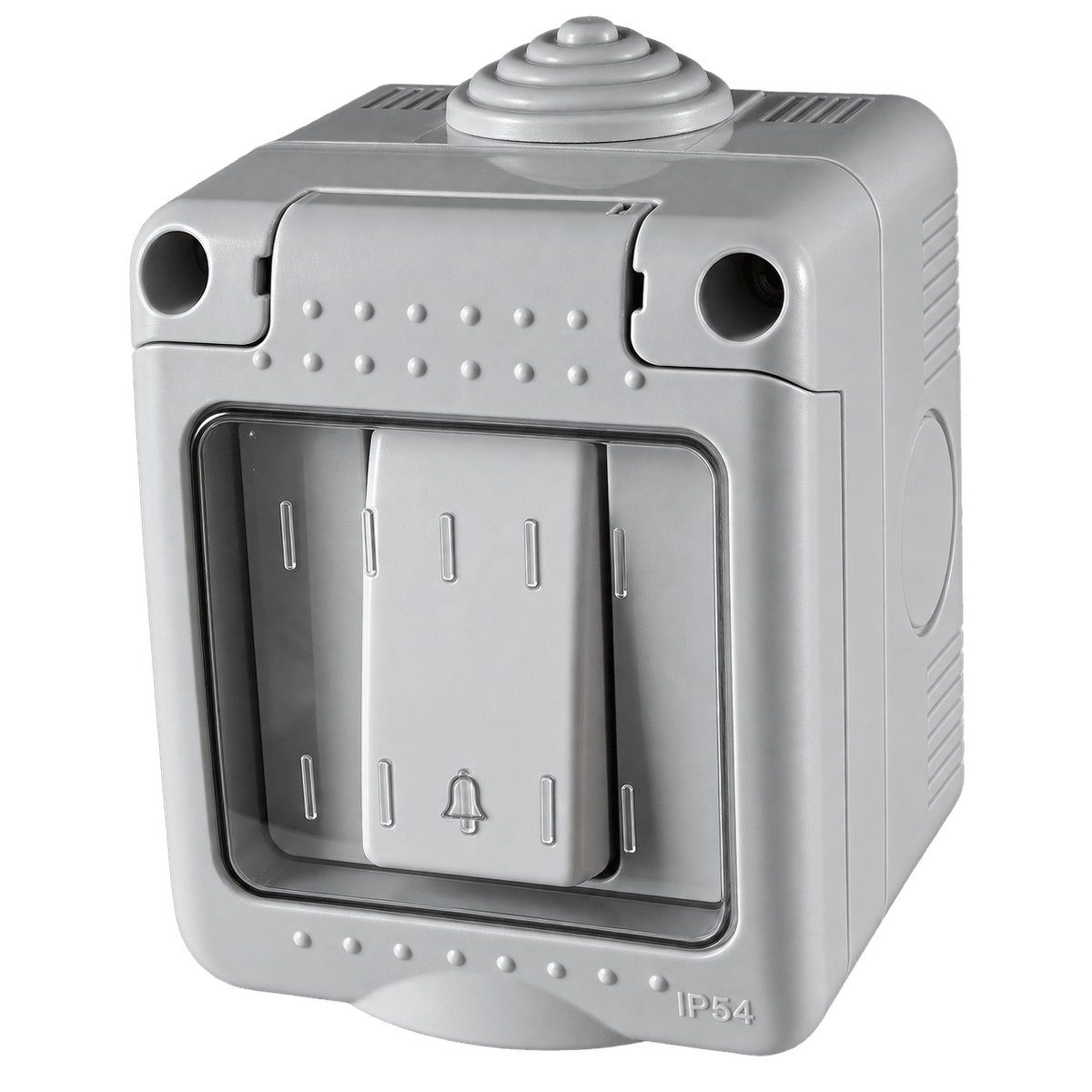 Weatherproof switch in gray plastic, featuring a single lever and a rounded top, with a textured finish and visible mounting holes.