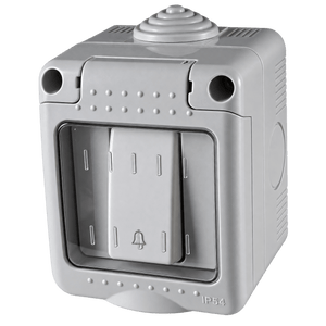 Weatherproof switch in gray plastic, featuring a single lever and a rounded top, with a textured finish and visible mounting holes.