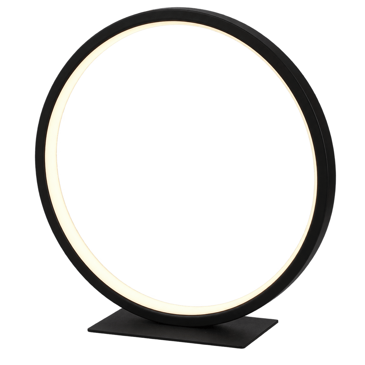 Black ring LED table lamp with a circular design and a flat base, featuring a warm white light edge.