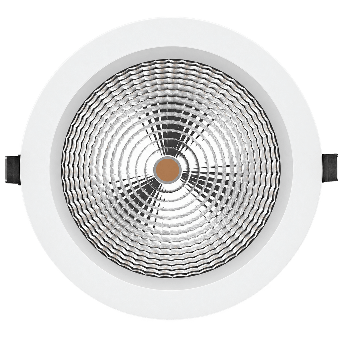 Top view of a round, white LED downlight with a reflective silver interior and a central bronze accent.