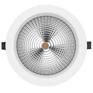 Top view of a round, white LED downlight with a reflective silver interior and a central bronze accent.