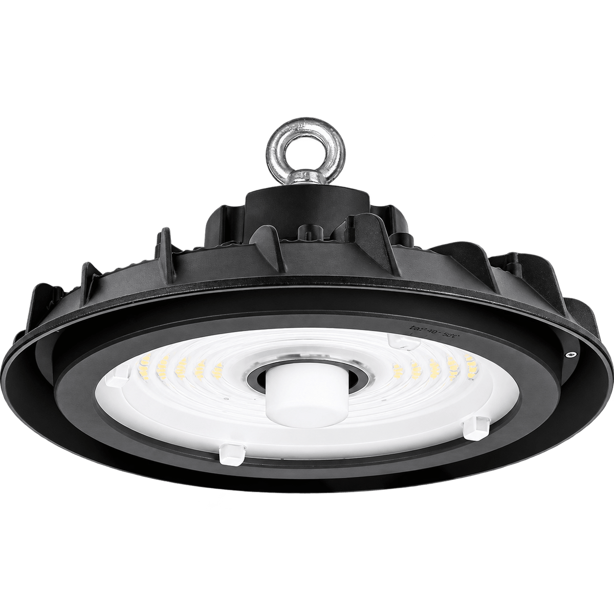 Black LED high bay light with a circular design, featuring a white inner surface and a central lens, suspended by a metal ring.
