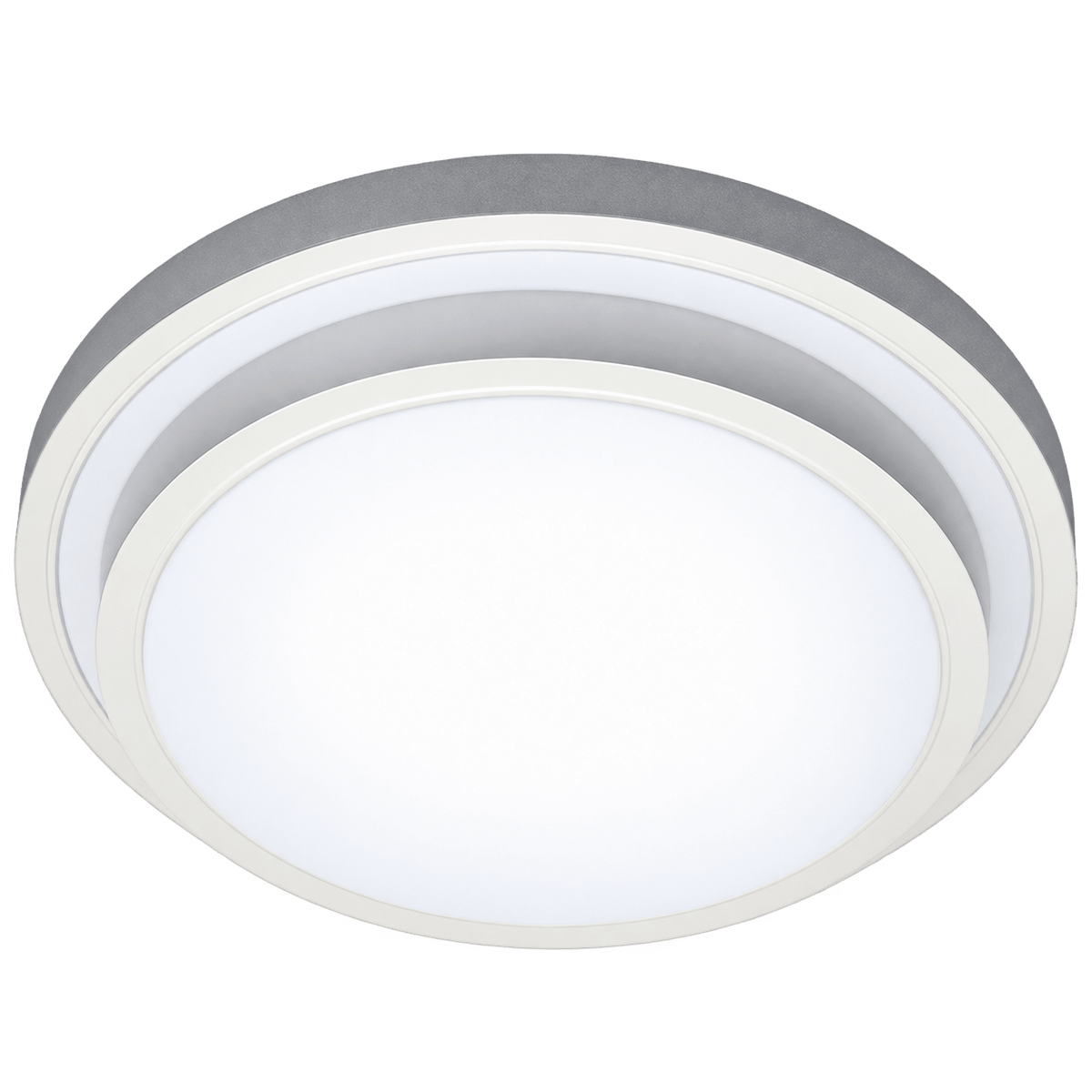 Round, stepped aluminium ceiling fitting with a white frosted diffuser and a grey outer ring.