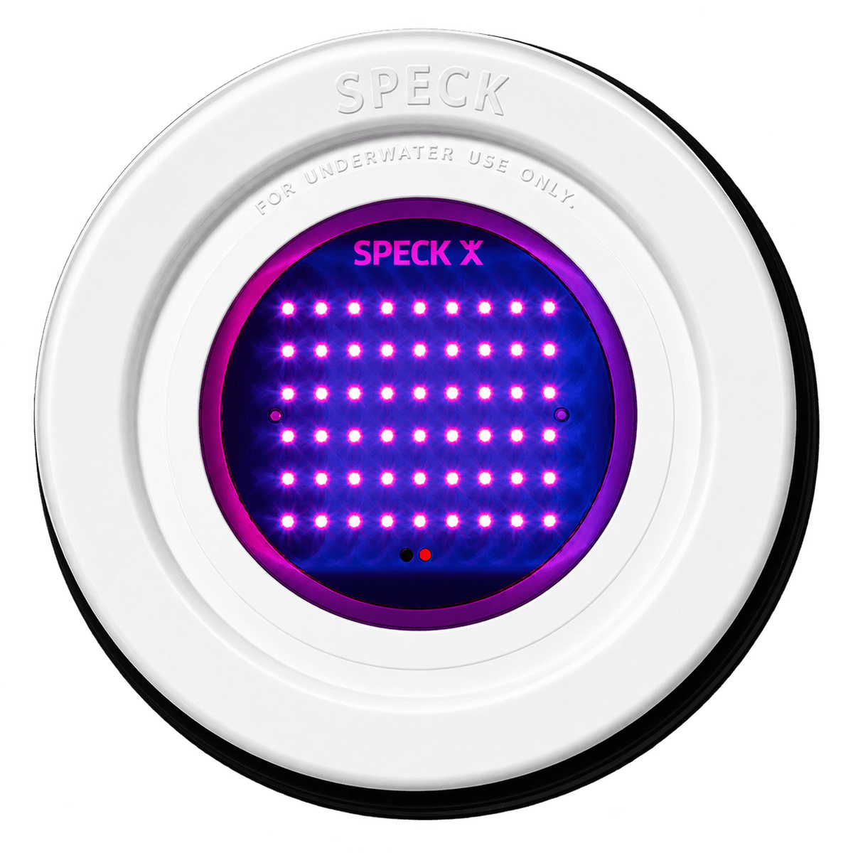 A round, white LED pool light with a purple and blue illuminated grid pattern, labeled "SPECK X.