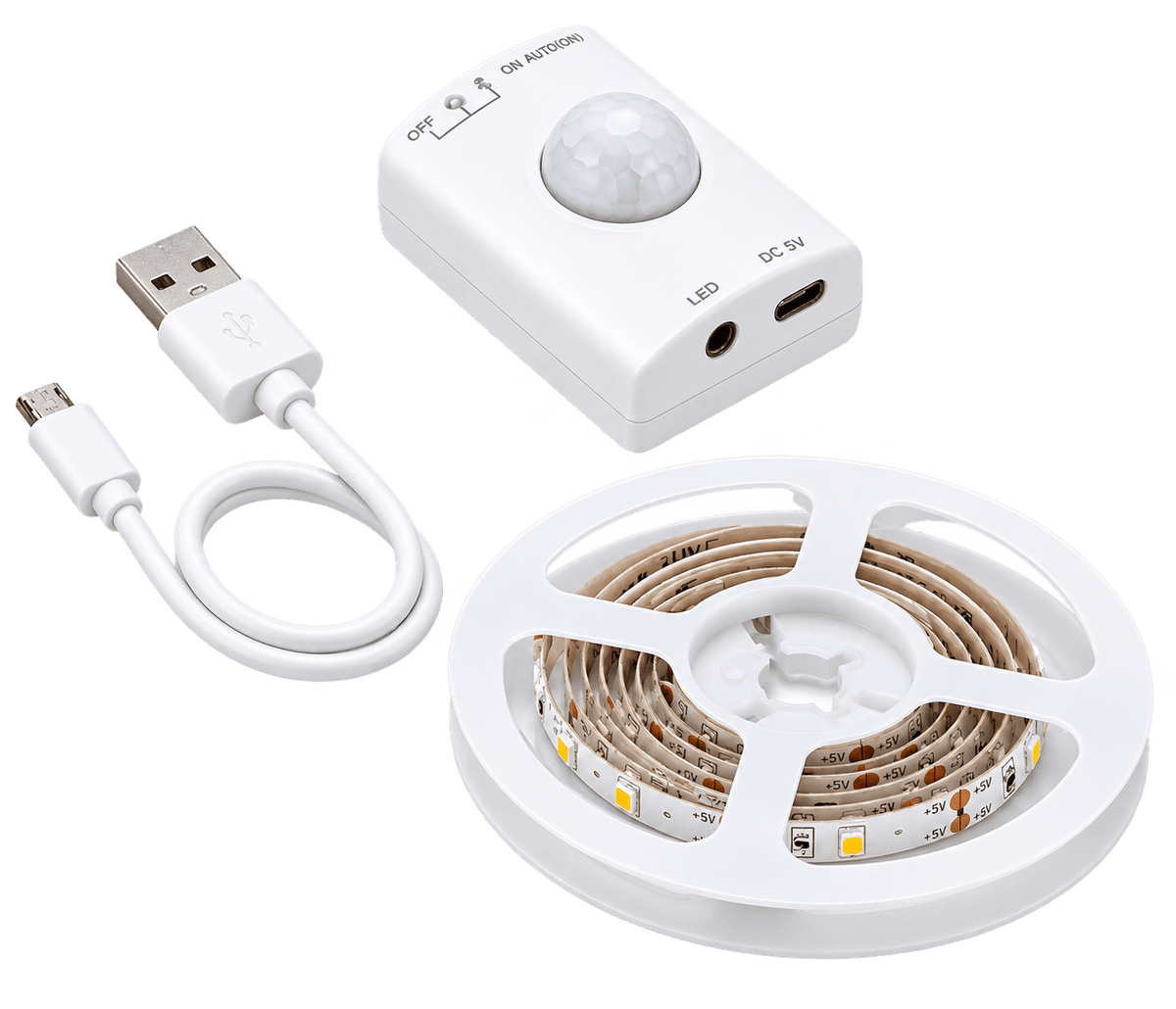 Rechargeable motion sensor LED strip light kit with a white controller, USB cable, and coiled LED strip.