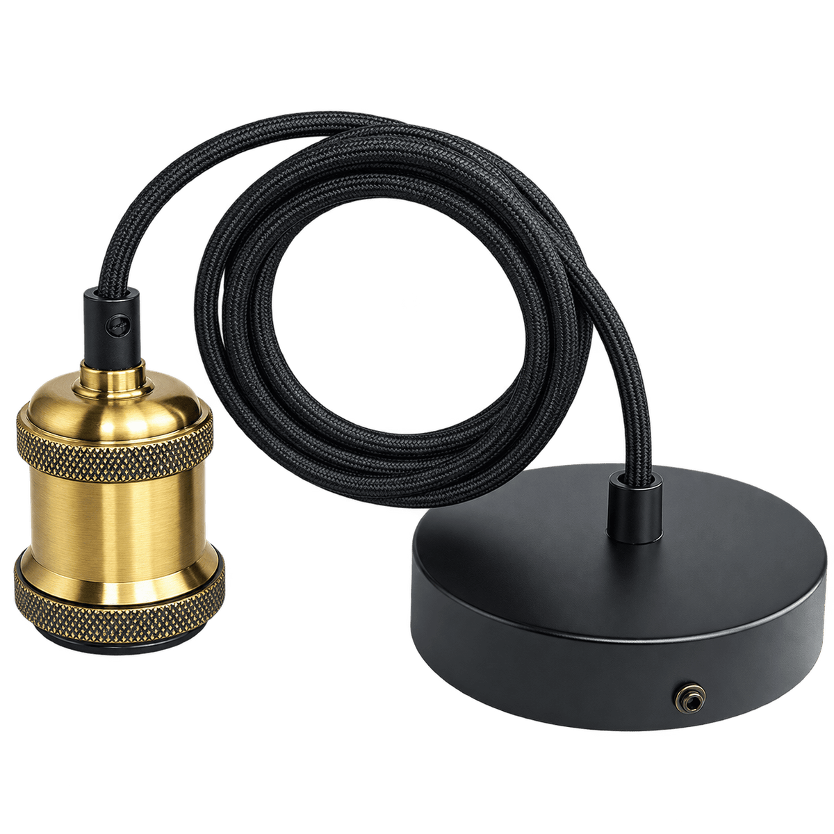 Bronze pendant light kit featuring a round black ceiling rose and a textured black fabric cord.