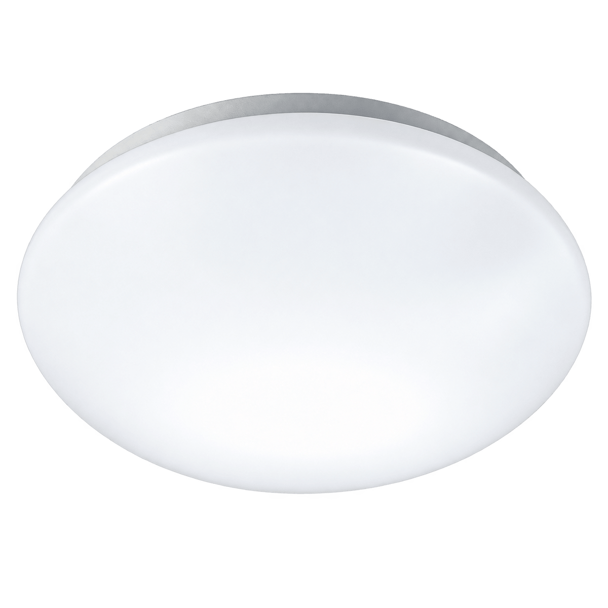 A round, white ceiling light with a smooth, frosted finish and a metallic edge.