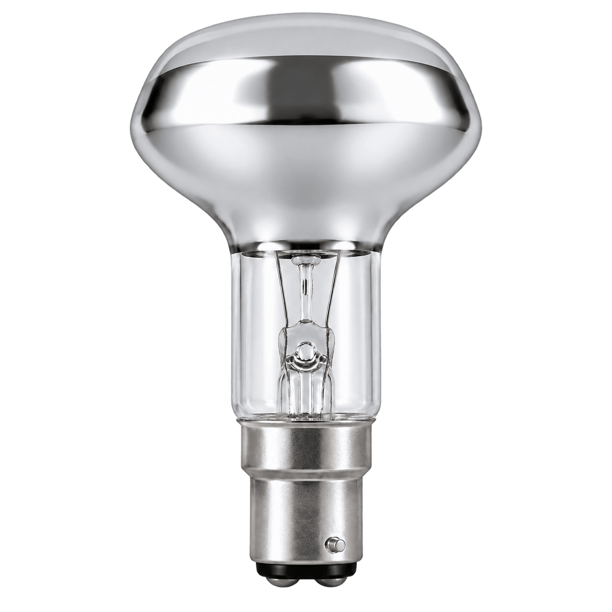 A clear glass LED bulb with a silver base and a rounded top, showcasing filament design inside.