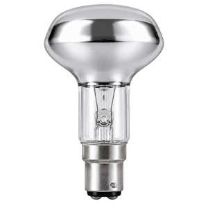 A clear glass LED bulb with a silver base and a rounded top, showcasing filament design inside.