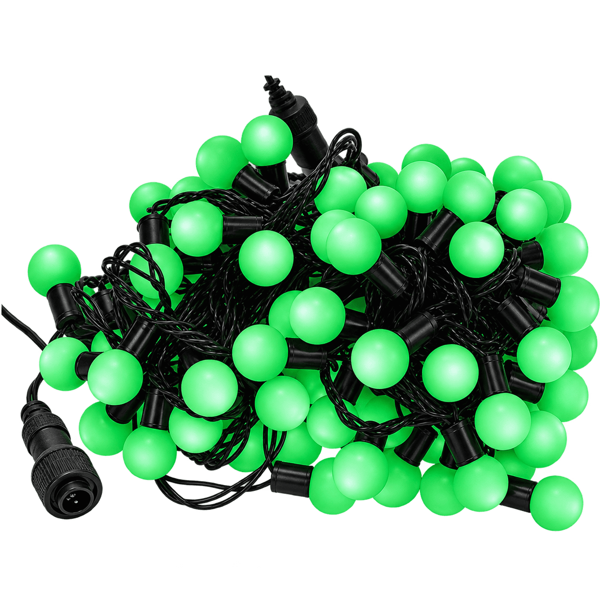 A tangled arrangement of green LED ball string lights on a black wire, featuring round bulbs and connectors.