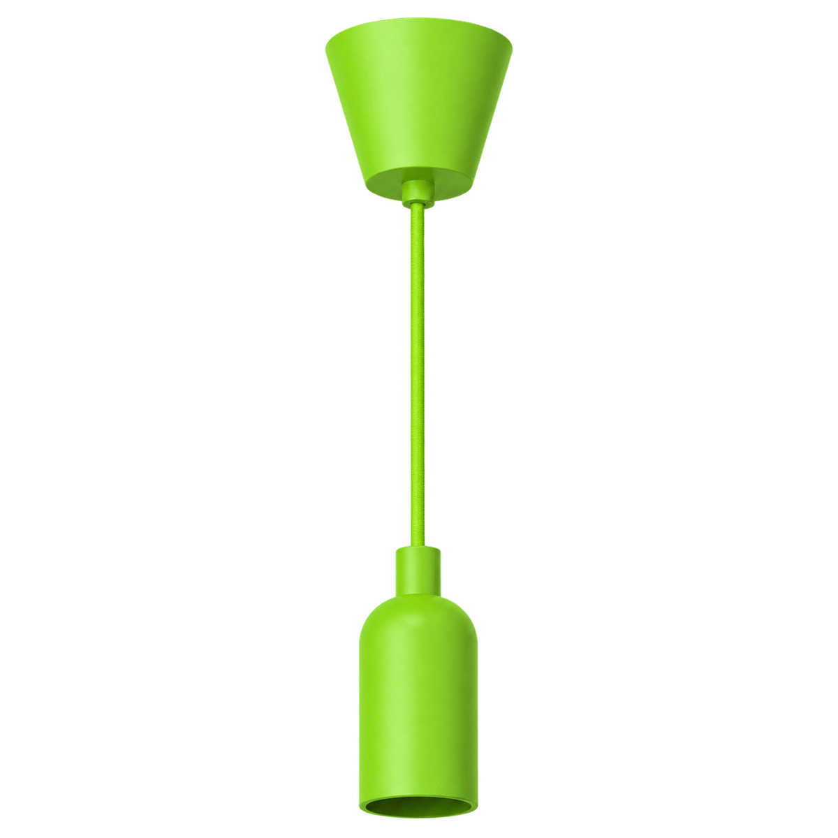 Green silicone pendant lamp with a conical ceiling rose and cylindrical lamp cup, suspended by a matching cord.