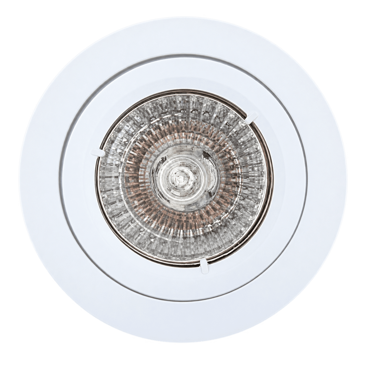 Satin chrome LED downlight holder with a circular white trim and a clear glass lens in the center.