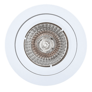 Satin chrome LED downlight holder with a circular white trim and a clear glass lens in the center.