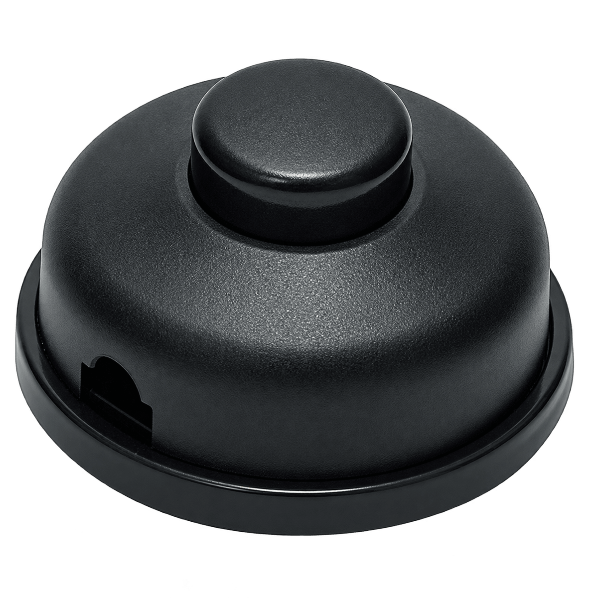 Black inline lamp foot switch with a rounded top and a textured finish, featuring a side opening.