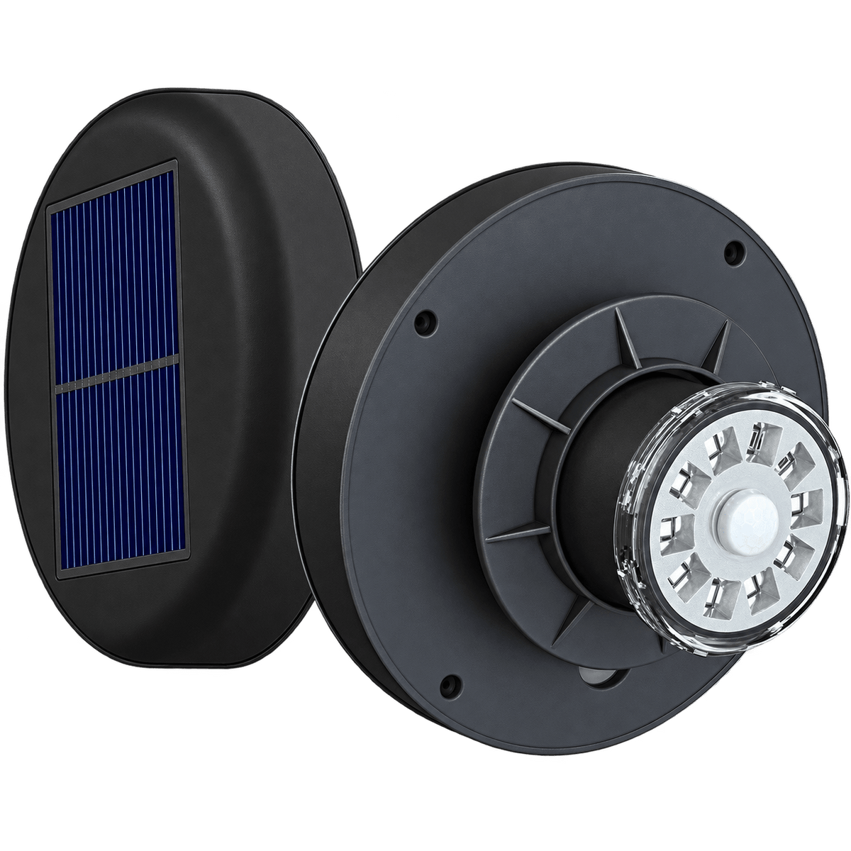 Eco-friendly solar-powered motion sensor loo light with a black finish and a blue solar panel.