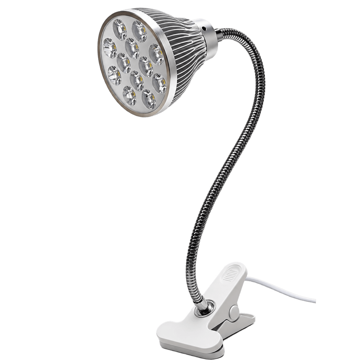 A silver and white desk clip-on LED grow light with a flexible neck and a round head featuring multiple LED bulbs.