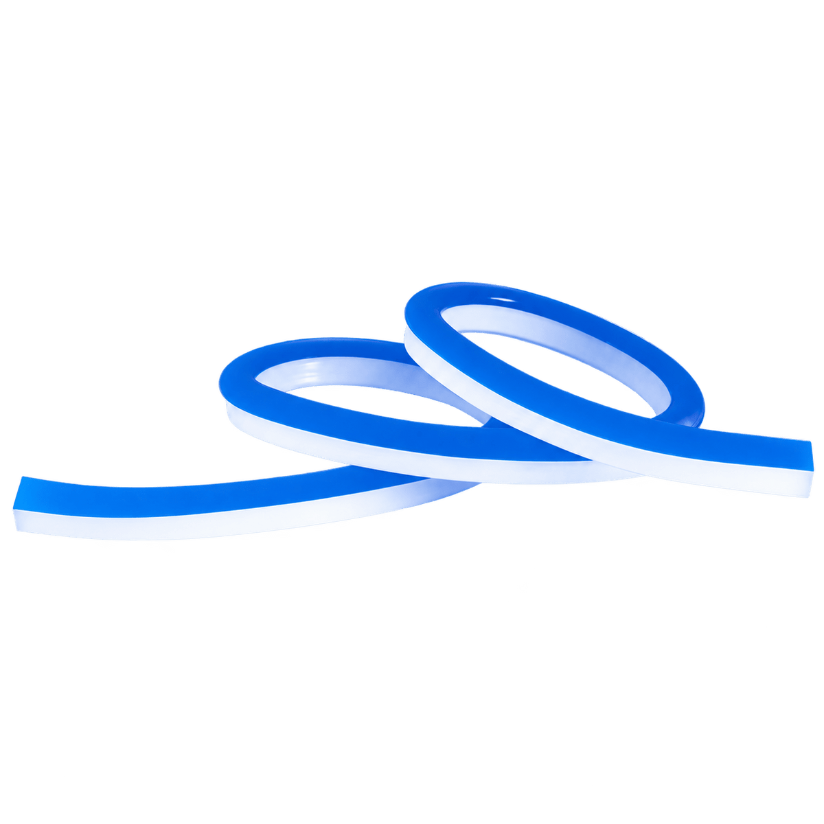 Blue LED neon flex tubing arranged in loops, featuring a glossy finish and a white inner edge.