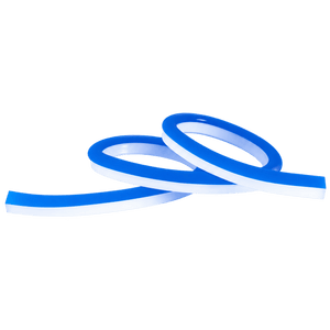 Blue LED neon flex tubing arranged in loops, featuring a glossy finish and a white inner edge.