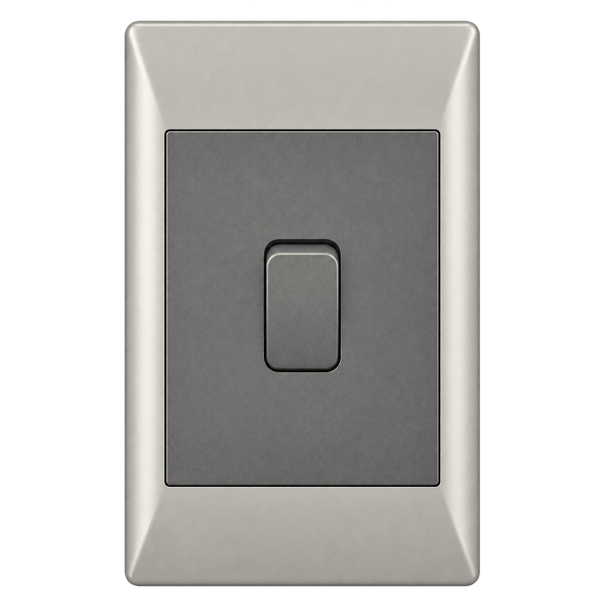A rectangular switch with a dark gray lever on a silver frame, featuring a smooth finish.