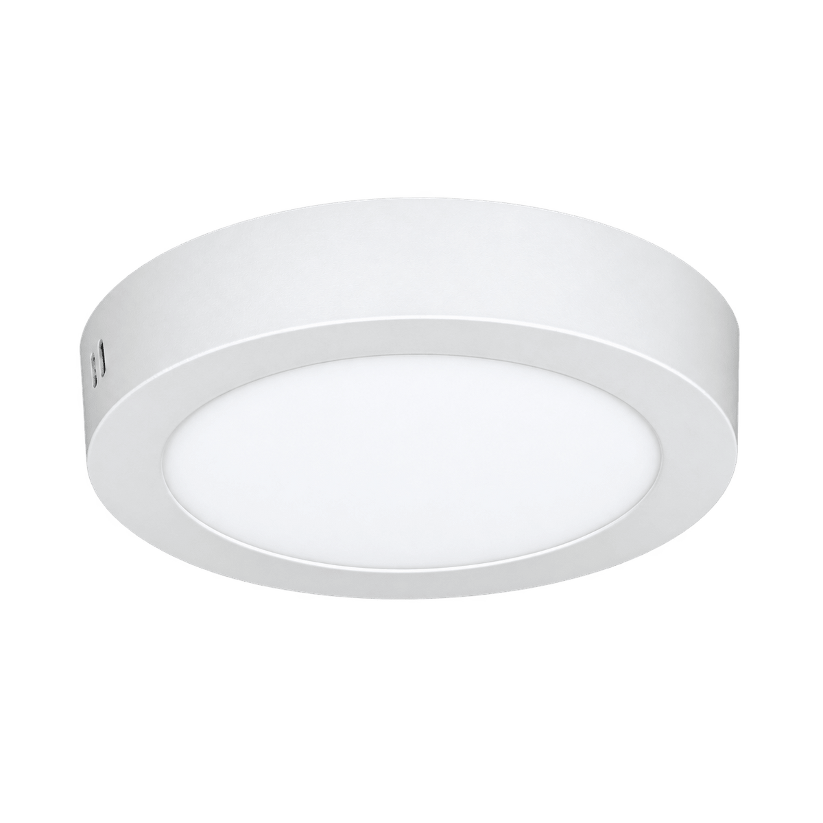 Black aluminium ceiling fitting with a circular design and a smooth, white diffuser surface.