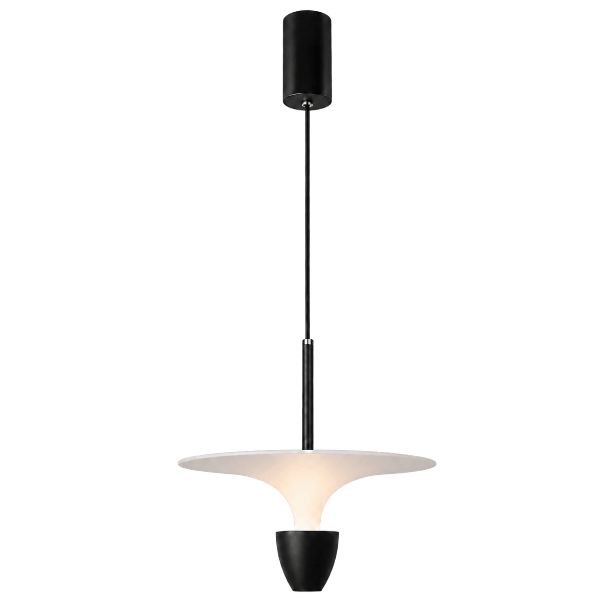 Black pendant light with a circular white shade and a tapered black base, suspended from a thin black cord.