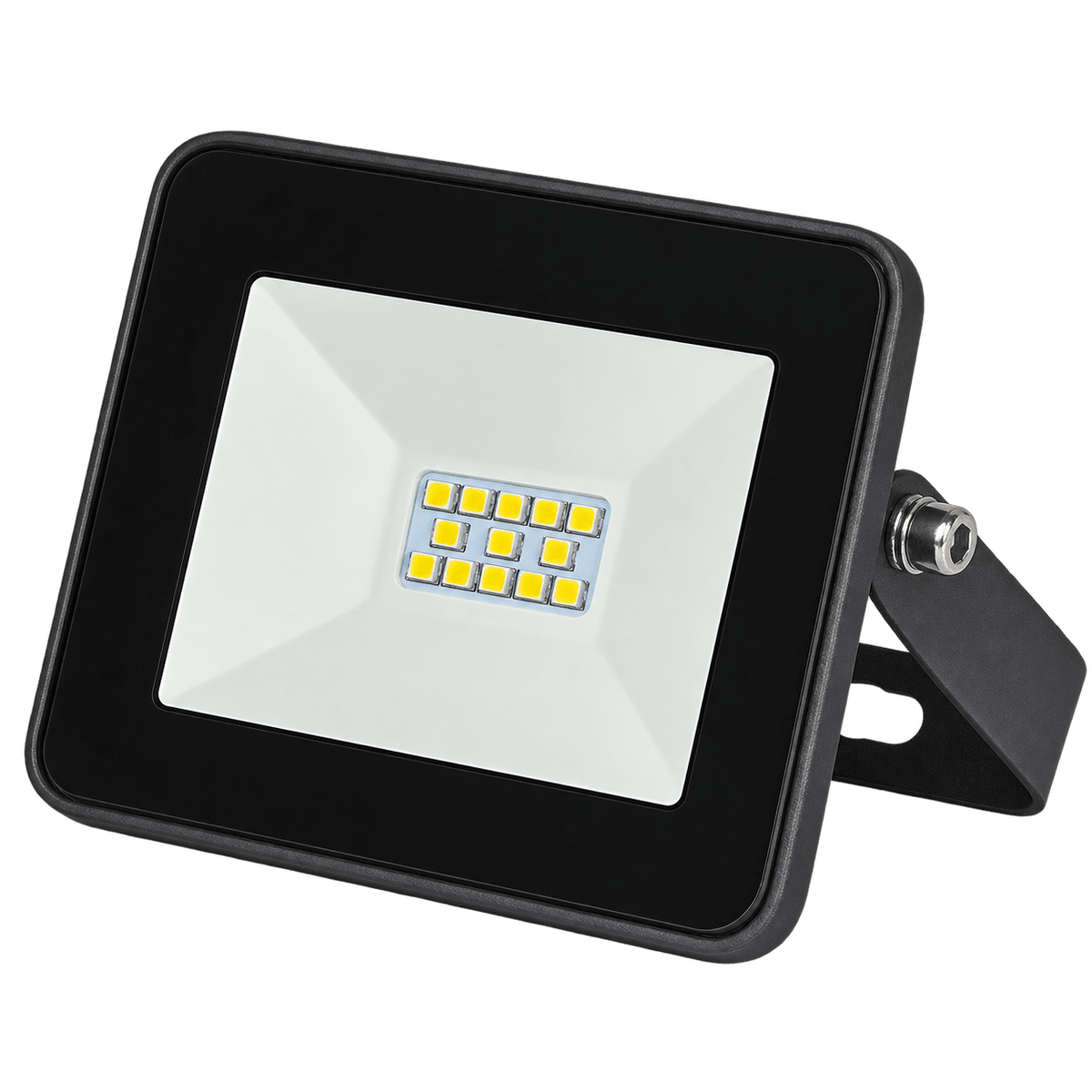 A black LED flood light with a square white lens, featuring multiple yellow LED bulbs arranged in a grid.