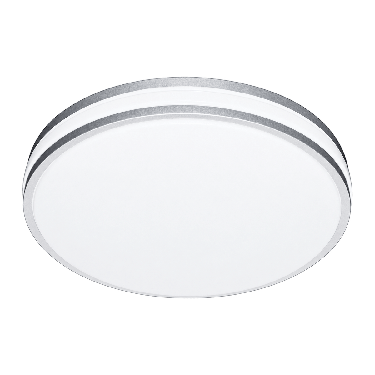 Round LED ceiling light with a white finish and silver edge, featuring a smooth, modern design.