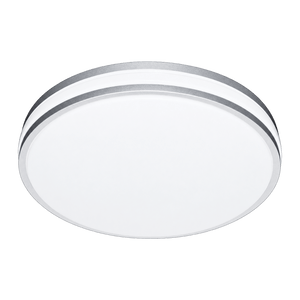 Round LED ceiling light with a white finish and silver edge, featuring a smooth, modern design.