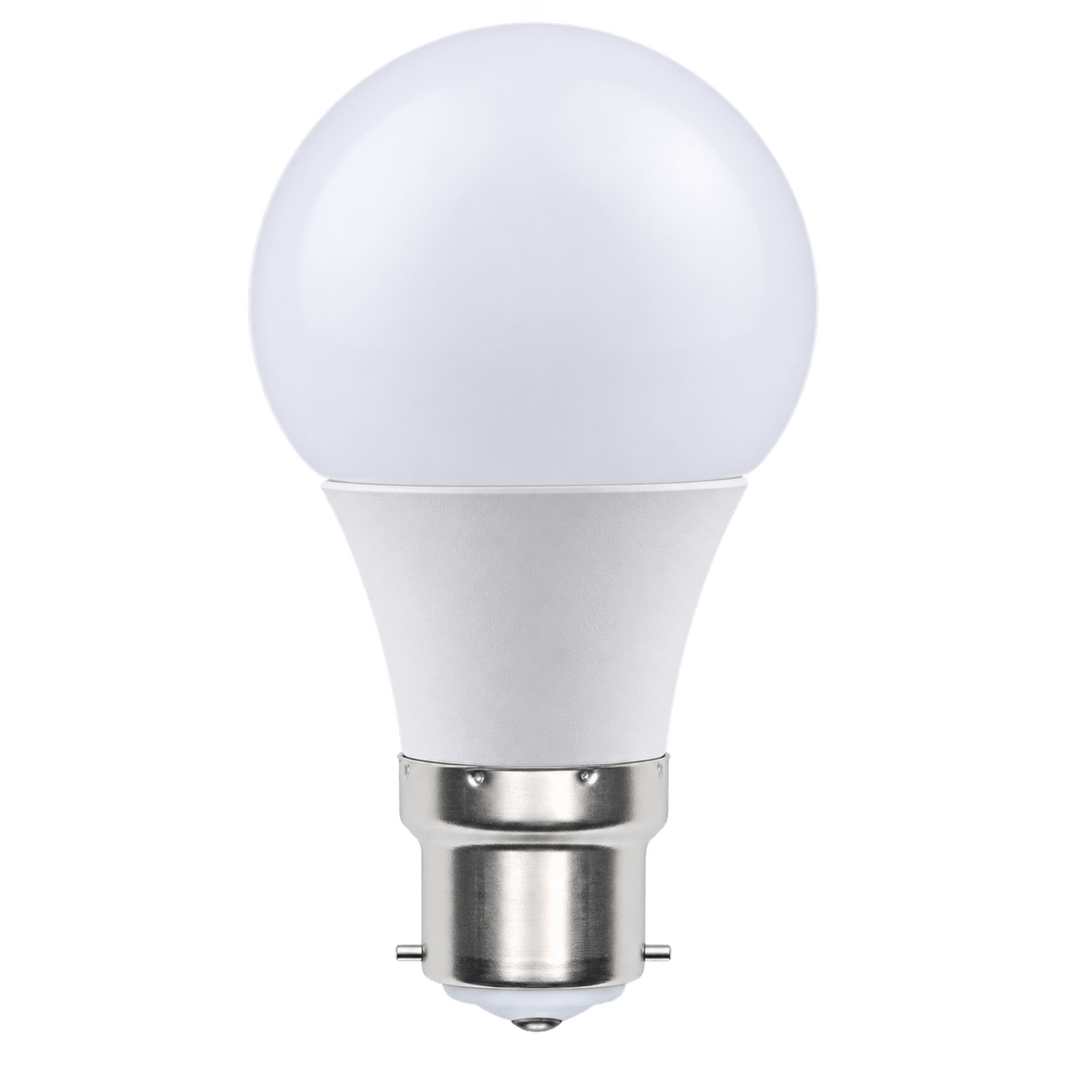 A 10W dimmable A60 LED bulb with a white frosted globe and a silver B22 base.
